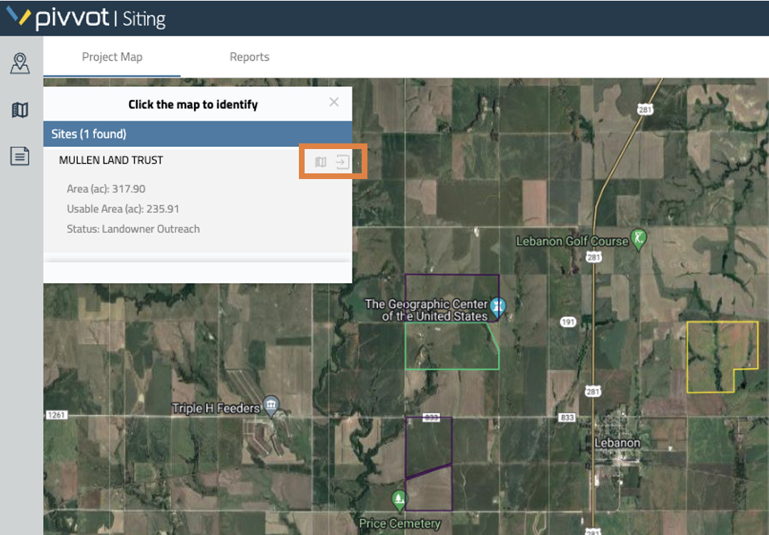 Navigate to asset will bring you to your project in the main Siting map